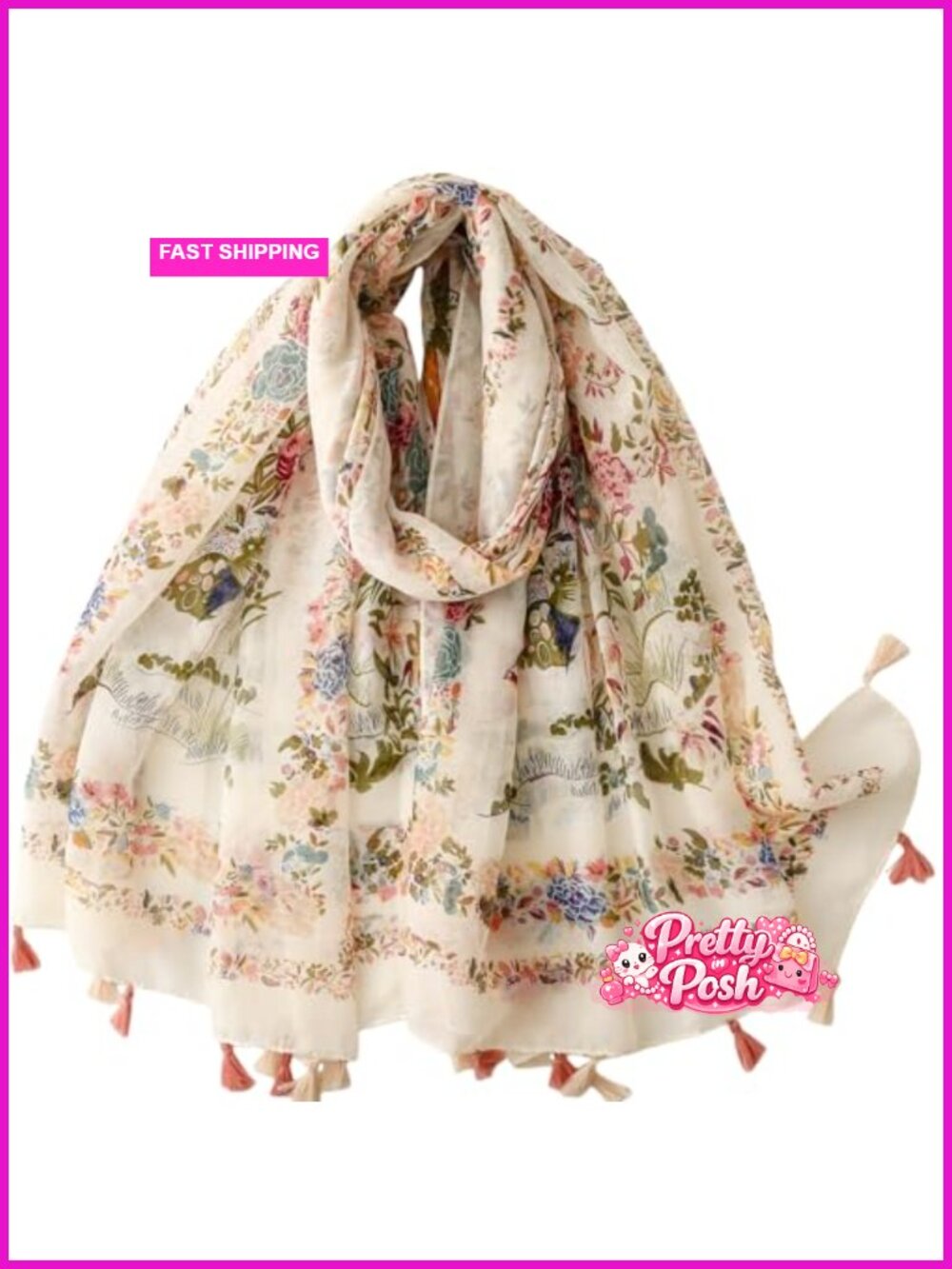Boho Floral Lightweight Polyester Wrap Shawl Scarf with Beaded Fringe